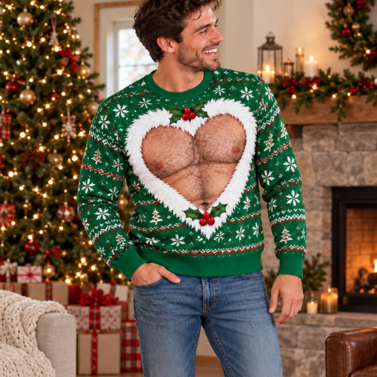 Men's Muscle Abs Heart Cutout Ugly Christmas Sweater