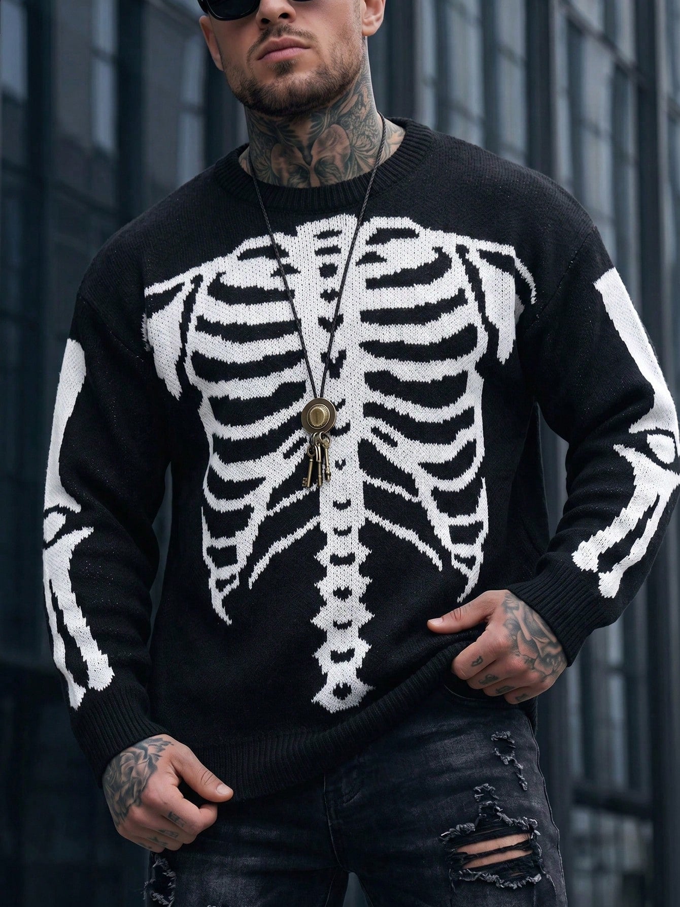 Men's Skeleton Pattern Pullover Sweater