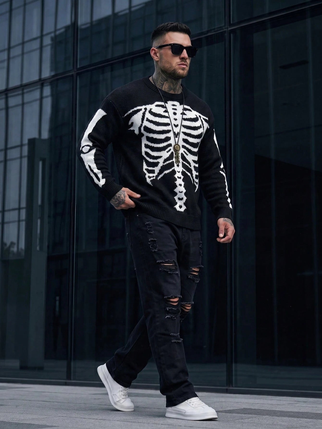 Men's Skeleton Pattern Pullover Sweater