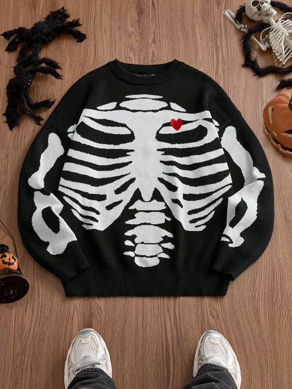 Men's Skull Pattern Grunge Crew Neck Sweater