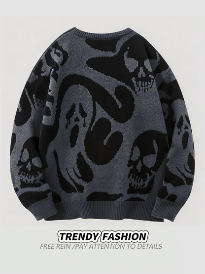Men's Skull & Ghost Pattern Y2K Sweater