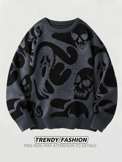 Men's Skull & Ghost Pattern Y2K Sweater