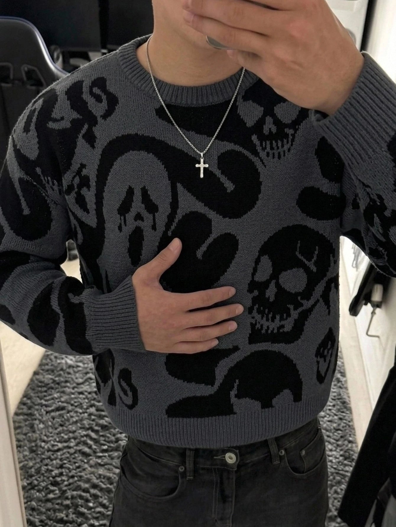 Men's Skull & Ghost Pattern Y2K Sweater