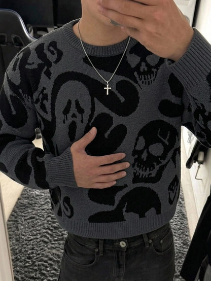 Men's Skull & Ghost Pattern Y2K Sweater