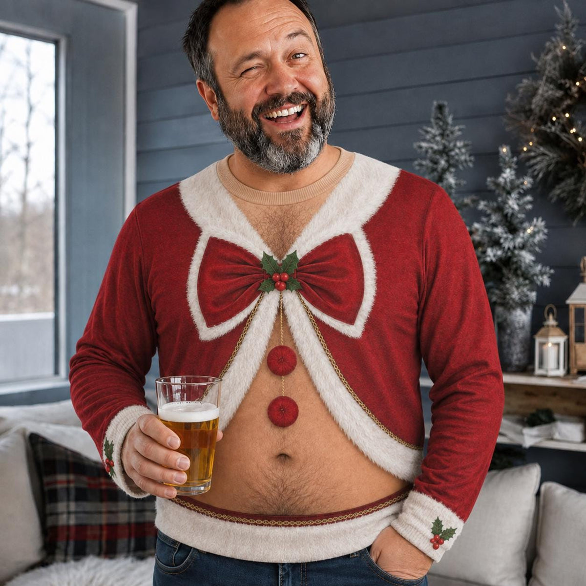 Men’s Ugly Christmas Sweater Faux Midriff Bow Tie