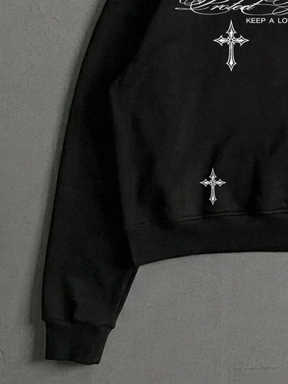 Men's Vintage Floral Cross Print Black Hoodie