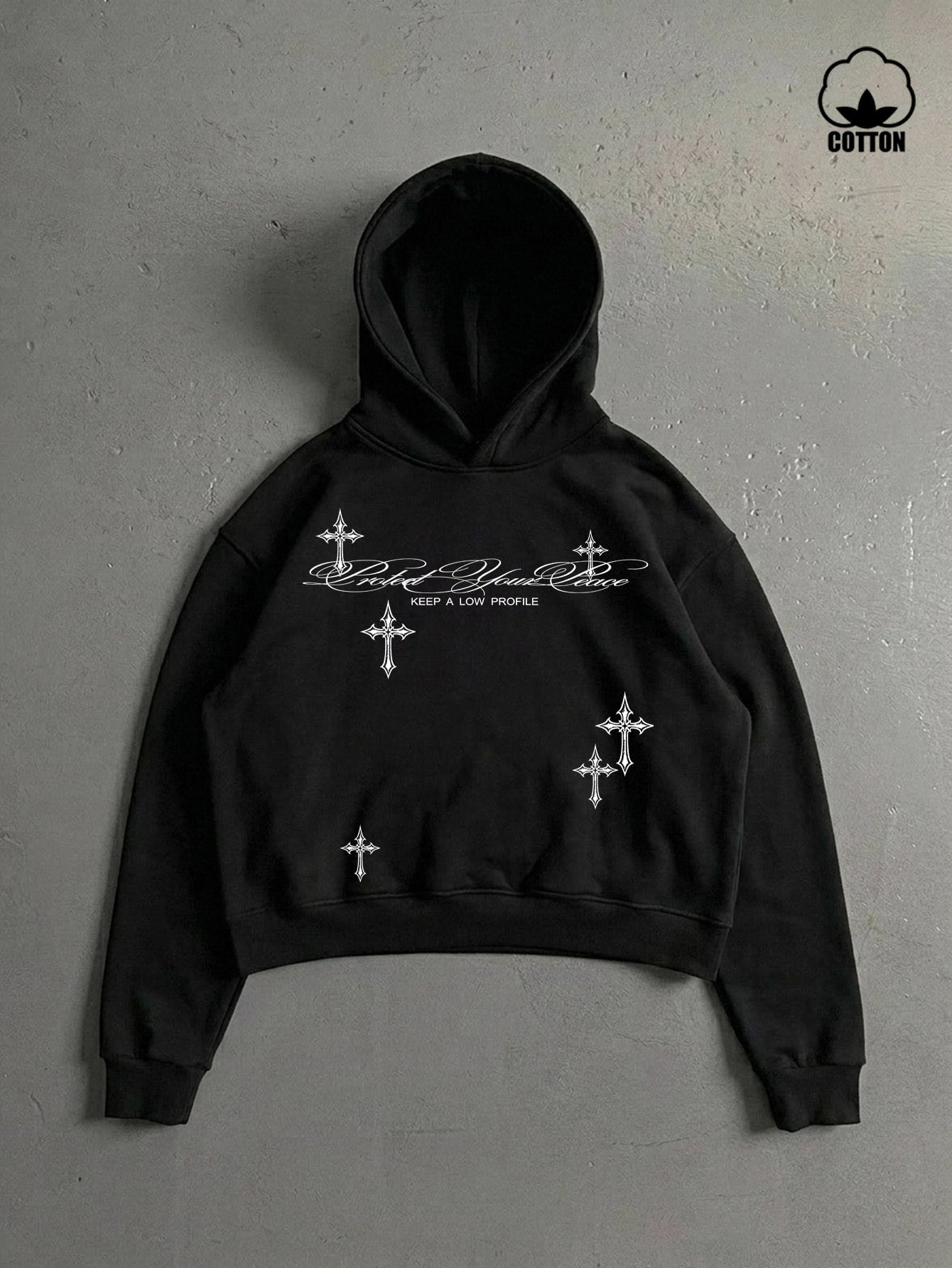 Men's Vintage Floral Cross Print Black Hoodie