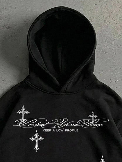 Men's Vintage Floral Cross Print Black Hoodie