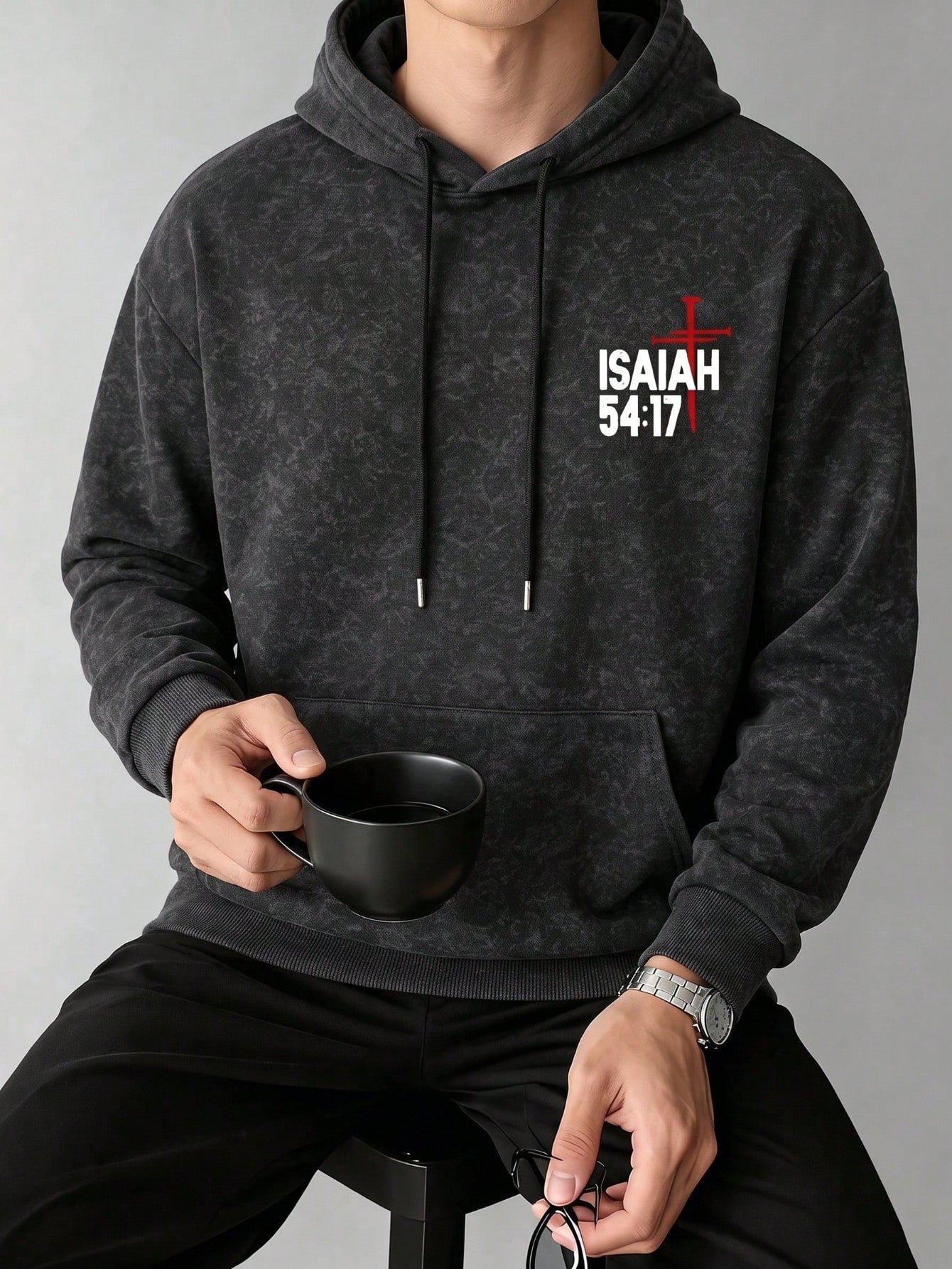 Men's Washed Cross Back Print Hoodie