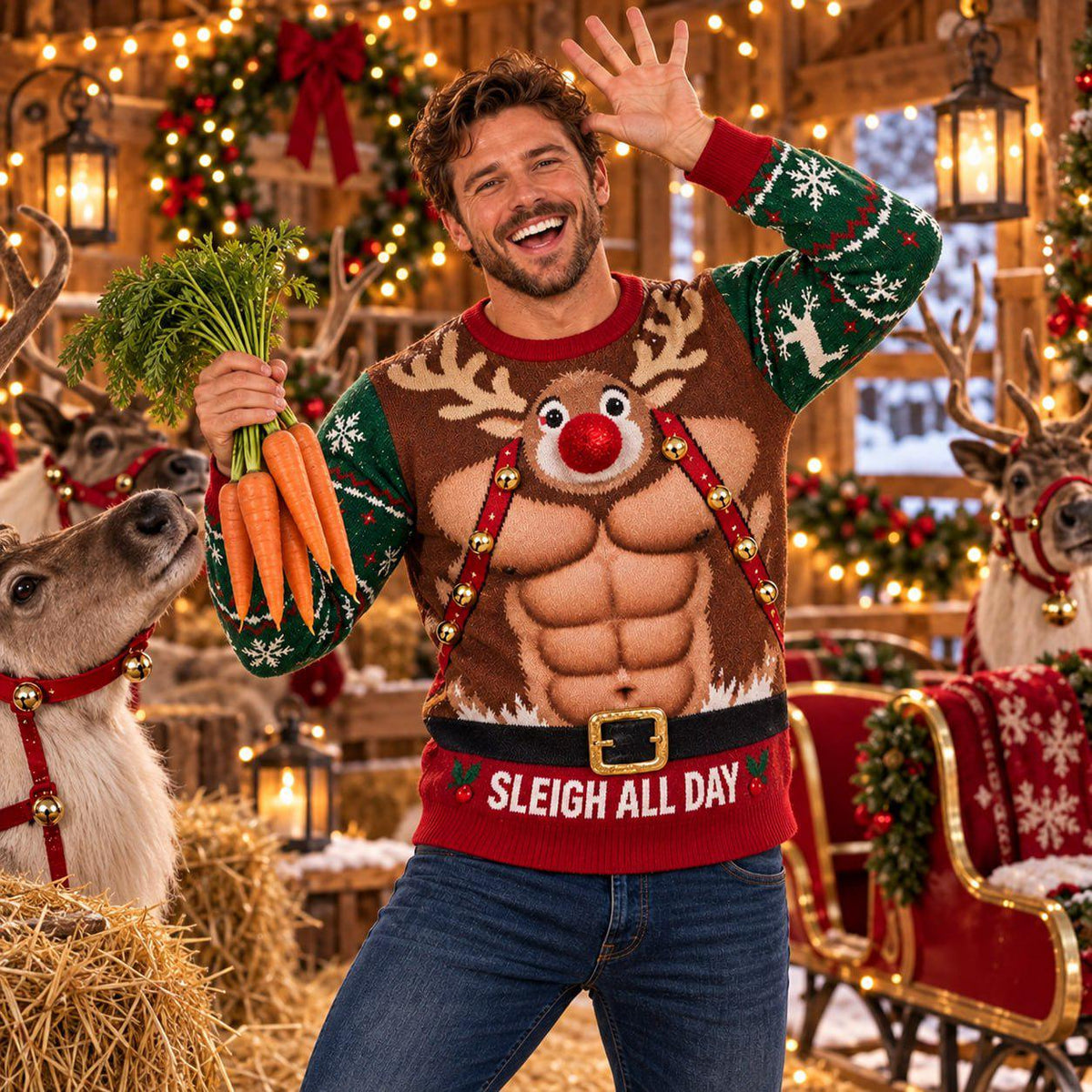 Mens Reindeer Abs Ugly Christmas Sweater