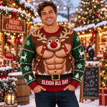 Mens Reindeer Abs Ugly Christmas Sweater