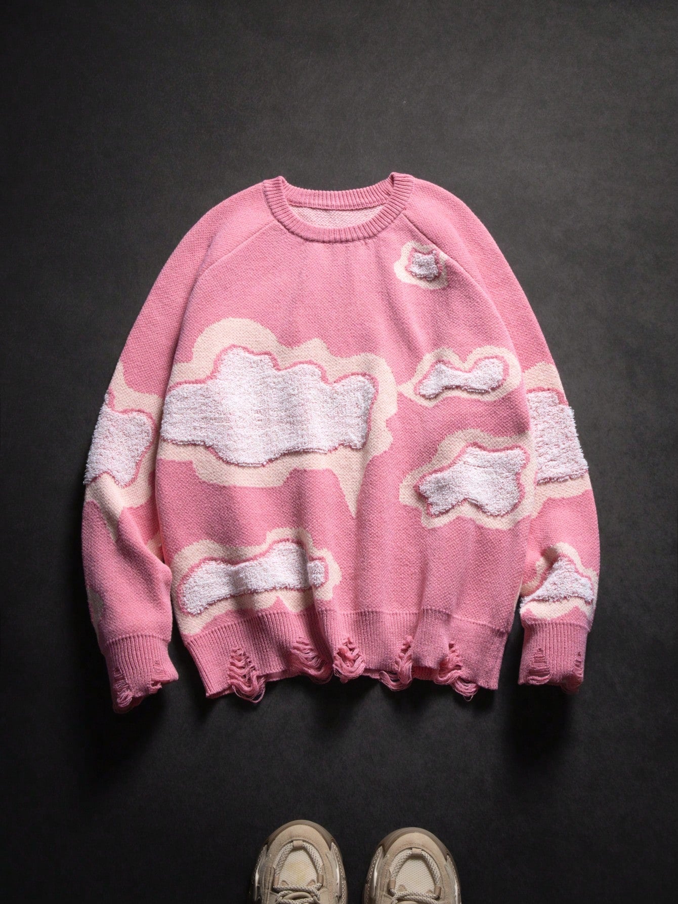 Cute Cloud Pattern Distressed Cute Knitted Crew Neck Long Sleeve Sweater