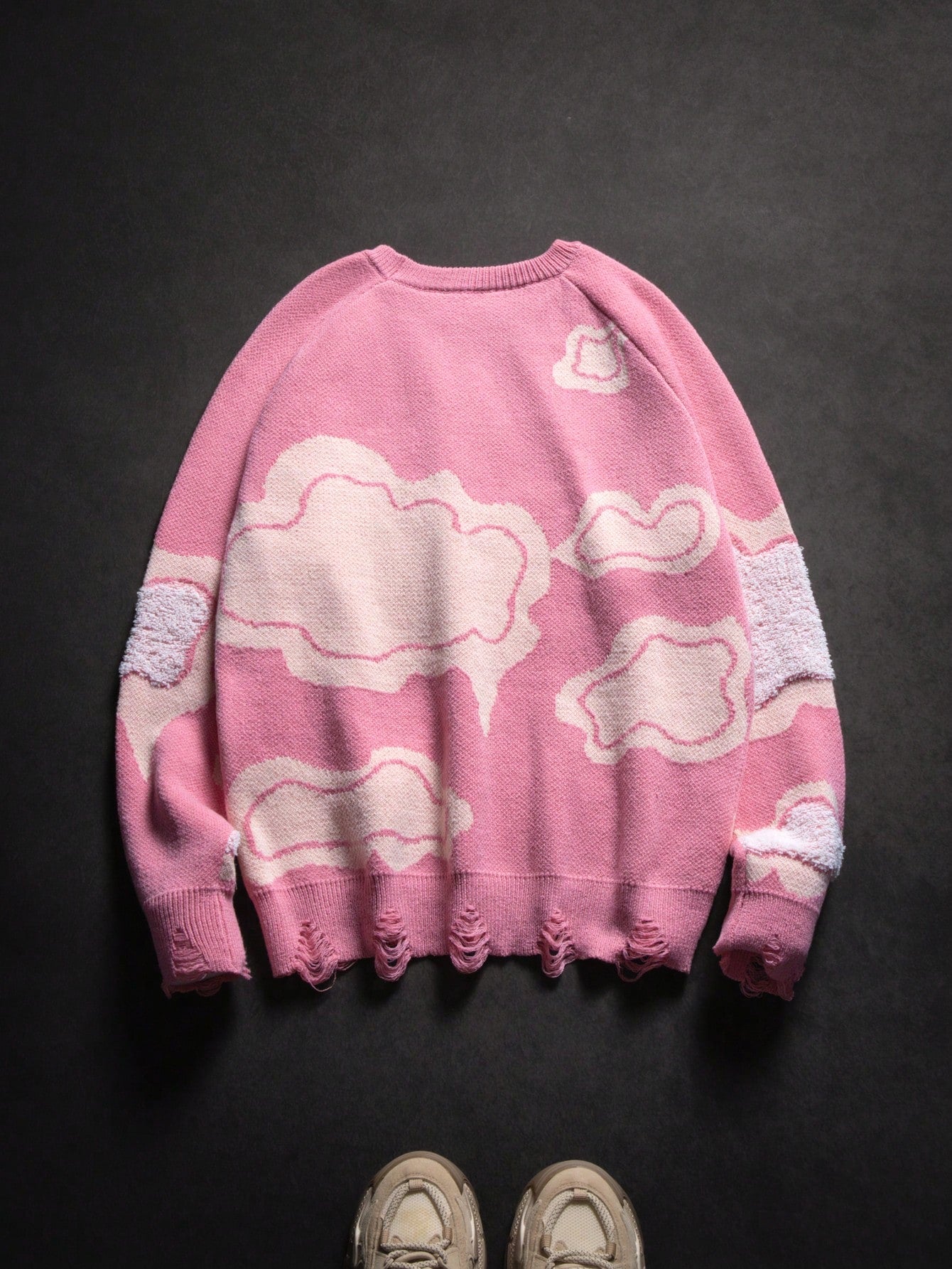 Cute Cloud Pattern Distressed Cute Knitted Crew Neck Long Sleeve Sweater