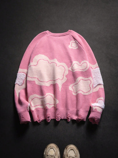 Cute Cloud Pattern Distressed Cute Knitted Crew Neck Long Sleeve Sweater