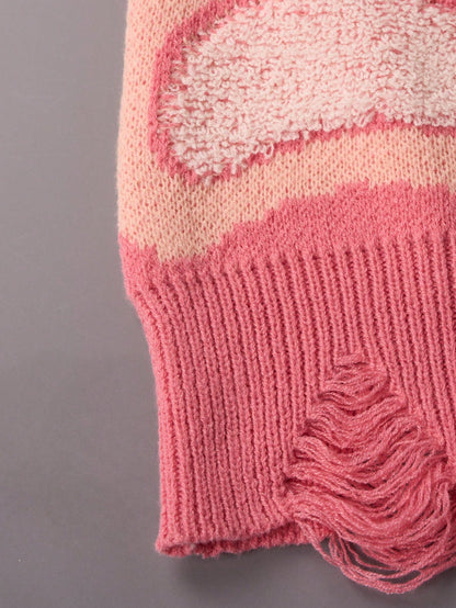 Cute Cloud Pattern Distressed Cute Knitted Crew Neck Long Sleeve Sweater