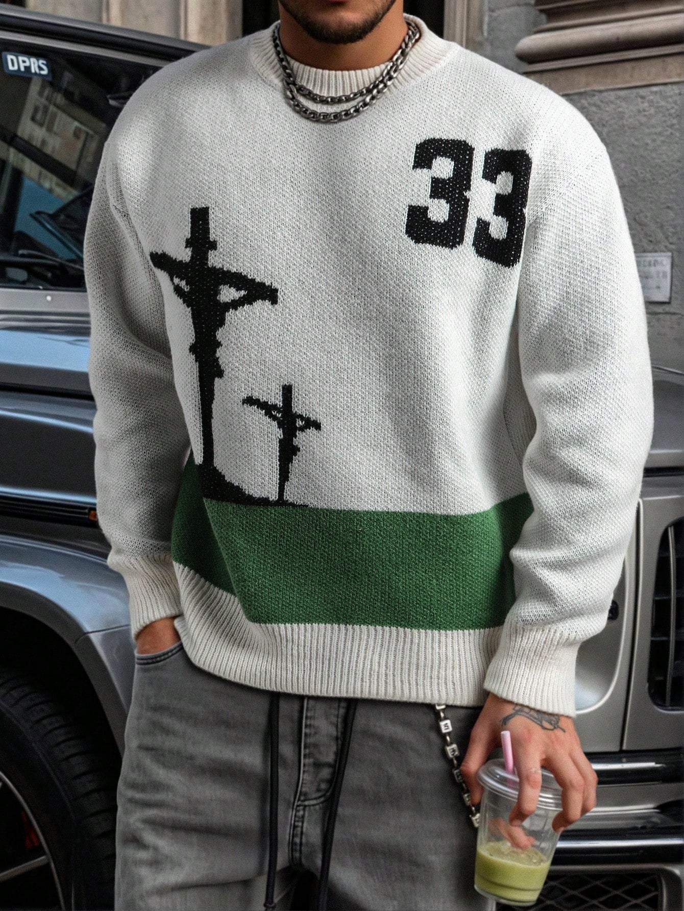 Men's Loose Solid Color Numeric & English Letter Pattern Pullover Sweater