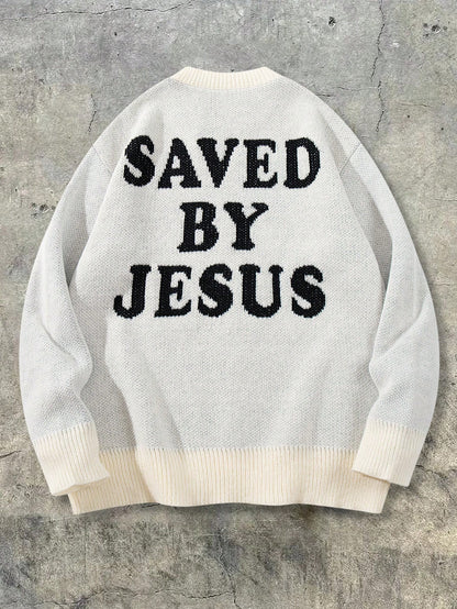 Men's Loose Solid Color Numeric & English Letter Pattern Pullover Sweater