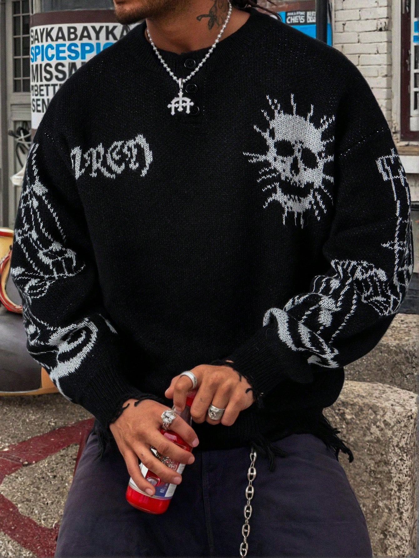 Men’s Gothic Skull & Music Note Knitted Sweater