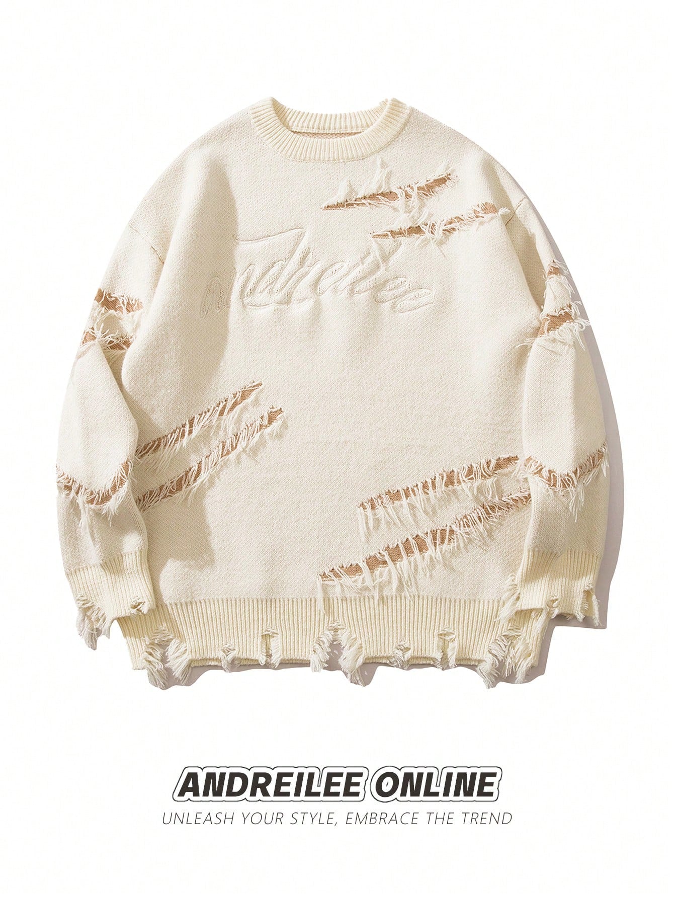Men's Distressed Fringe Letter Embroidery Knit Sweater