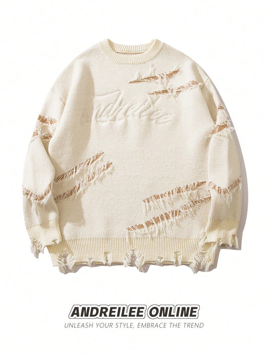 Men's Distressed Fringe Letter Embroidery Knit Sweater
