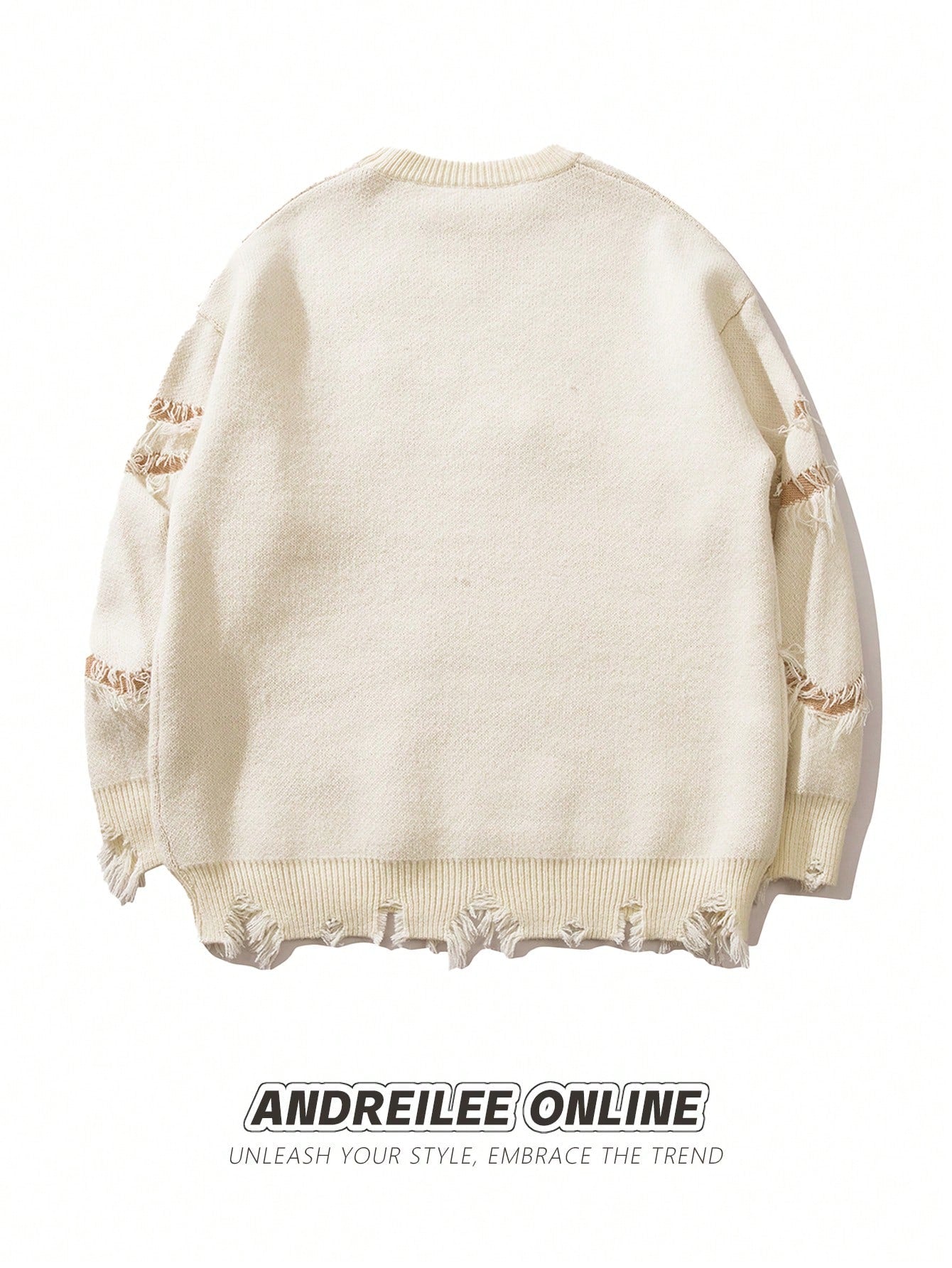 Men's Distressed Fringe Letter Embroidery Knit Sweater