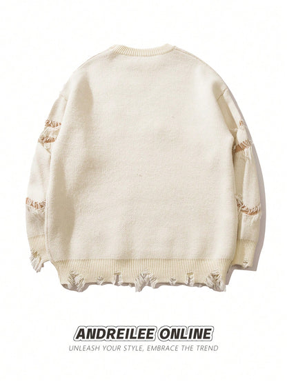 Men's Distressed Fringe Letter Embroidery Knit Sweater
