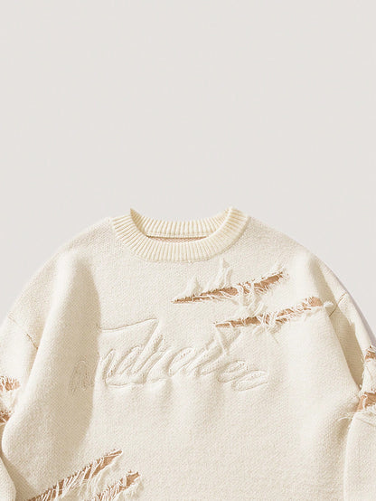 Men's Distressed Fringe Letter Embroidery Knit Sweater
