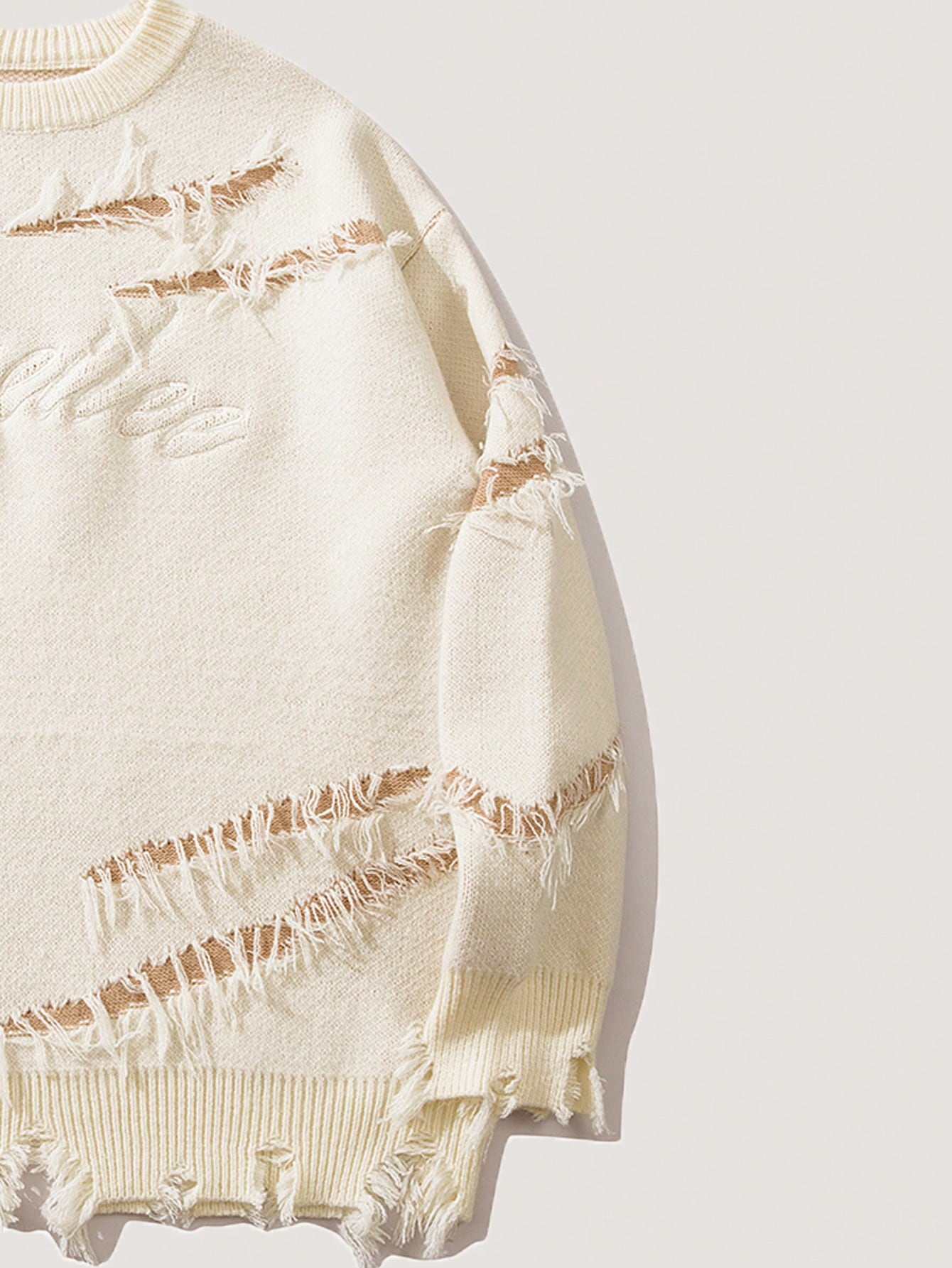 Men's Distressed Fringe Letter Embroidery Knit Sweater