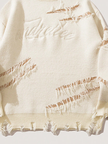 Men's Distressed Fringe Letter Embroidery Knit Sweater