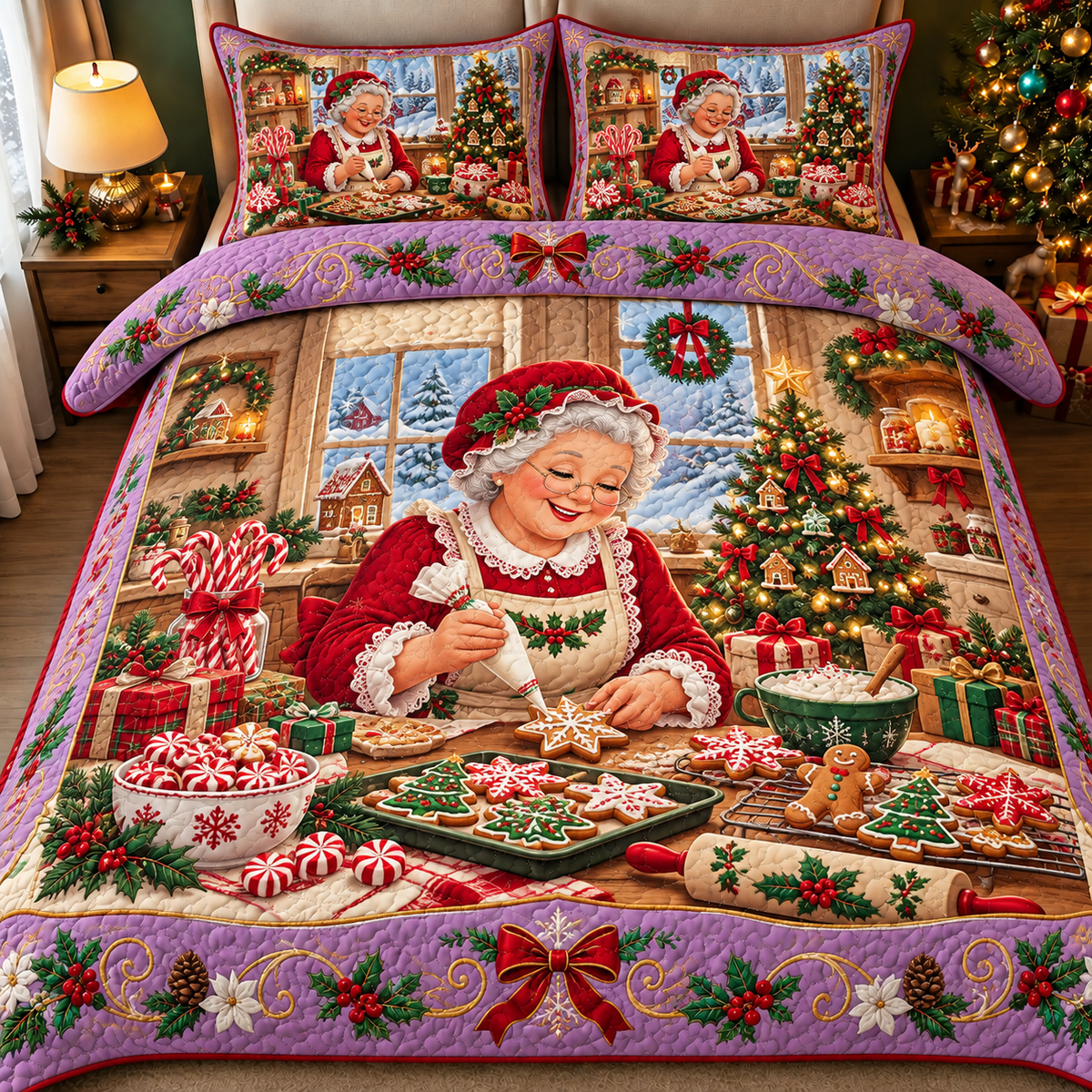 Mrs. Claus Baking Gingerbread Cookies Christmas Bedding Set