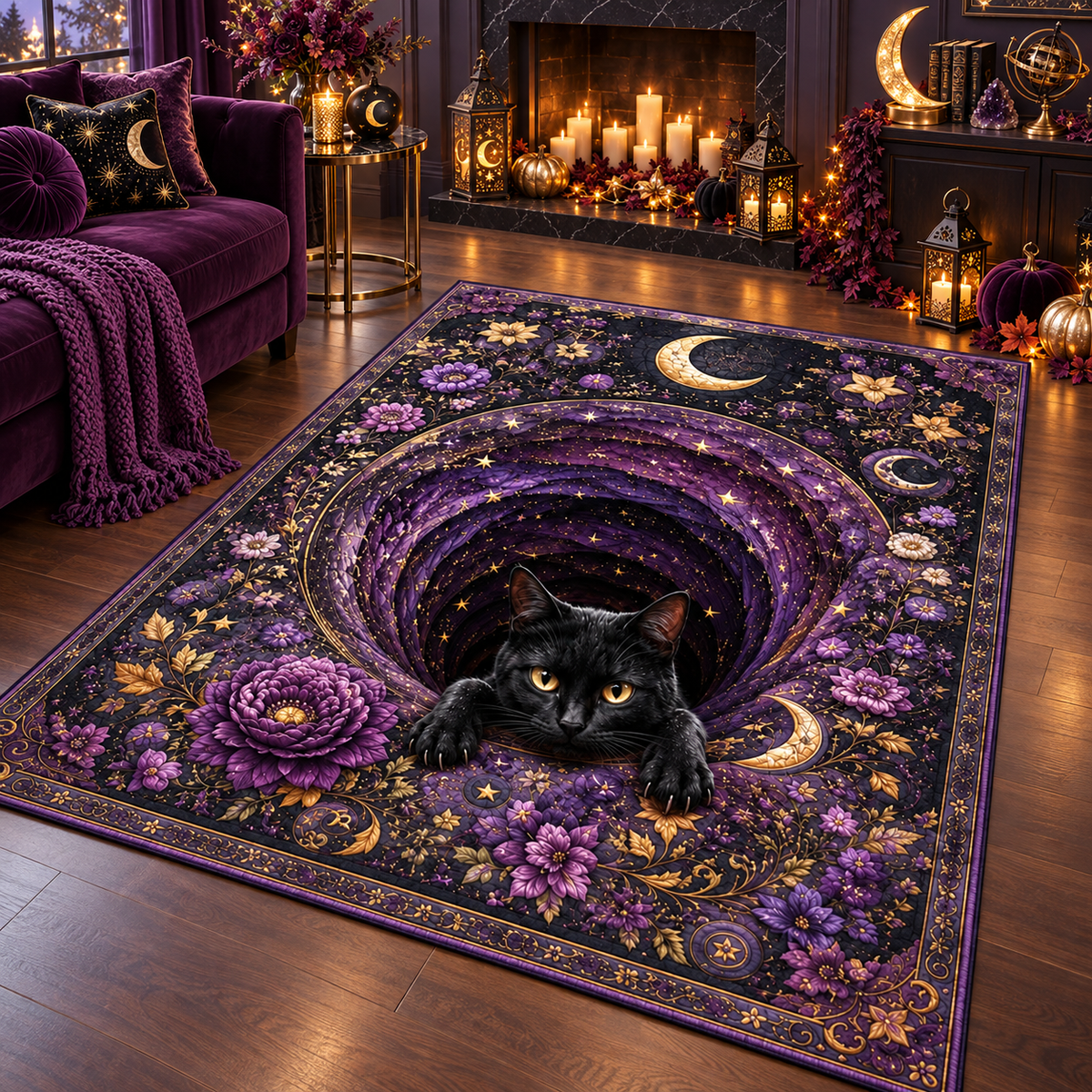 Mystic Celestial Cat Halloween Area Rug