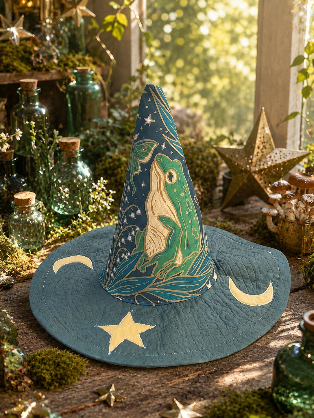 Mystical Green Frog & Luna Moth Celestial Halloween Quilt Witch Hat