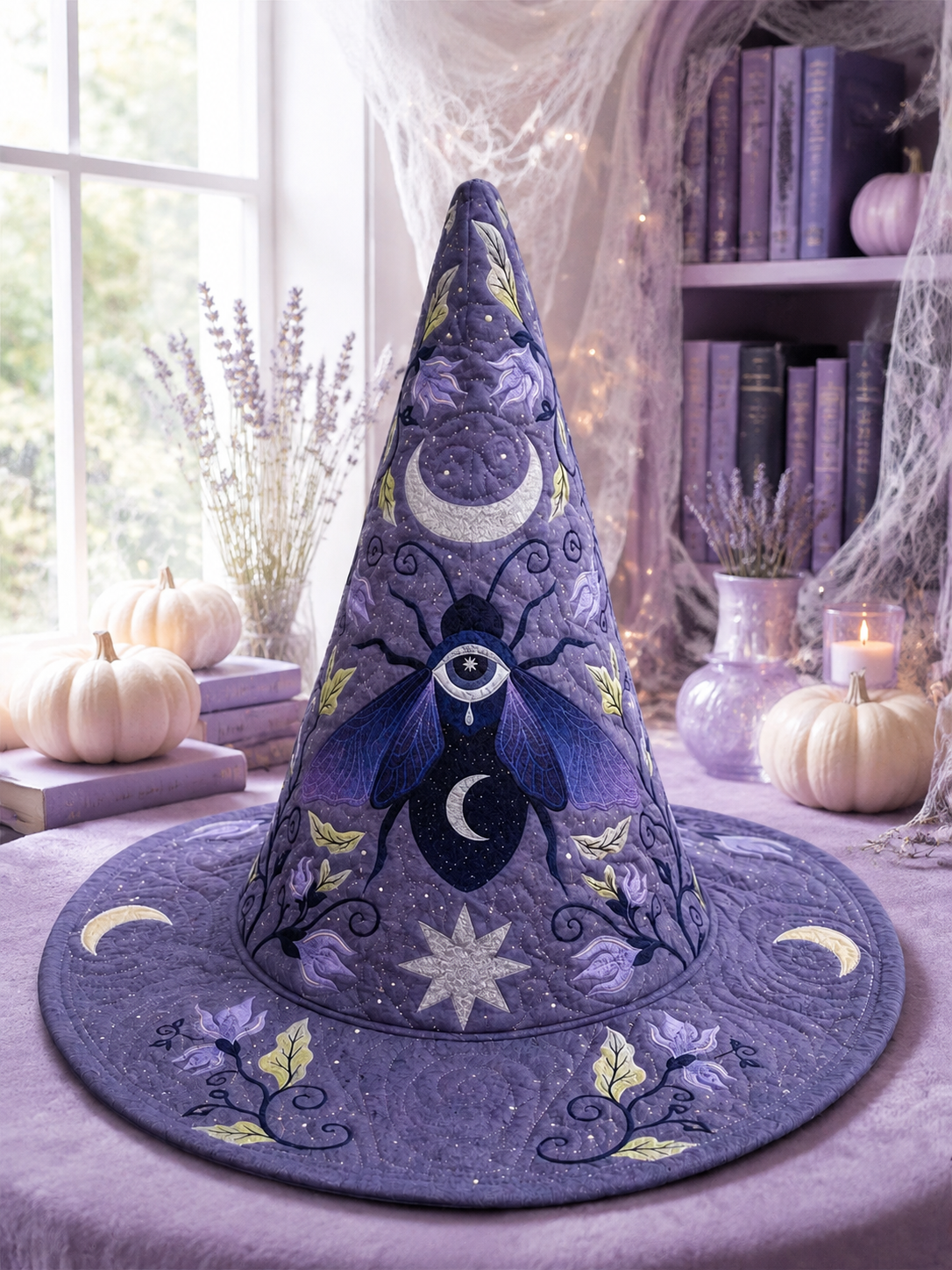 Mystical Purple Celestial Moth & Moon Halloween Quilt Witch Hat