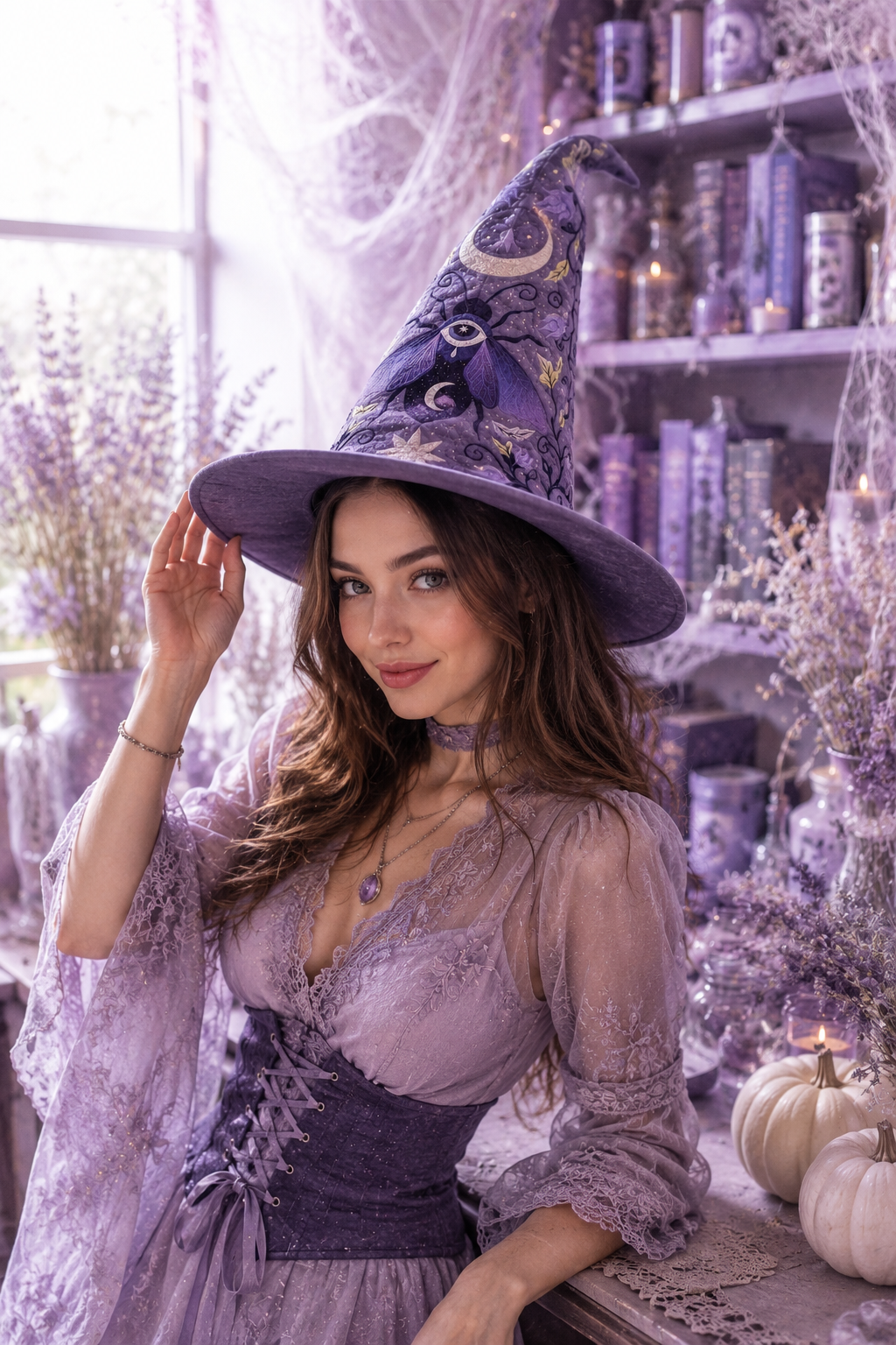 Mystical Purple Celestial Moth & Moon Halloween Quilt Witch Hat