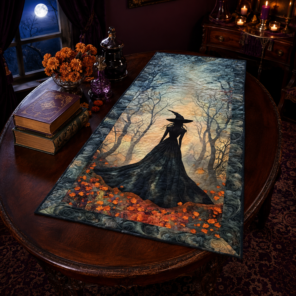 Mystical Witch in Spooky Forest Halloween Quilted Table Runner