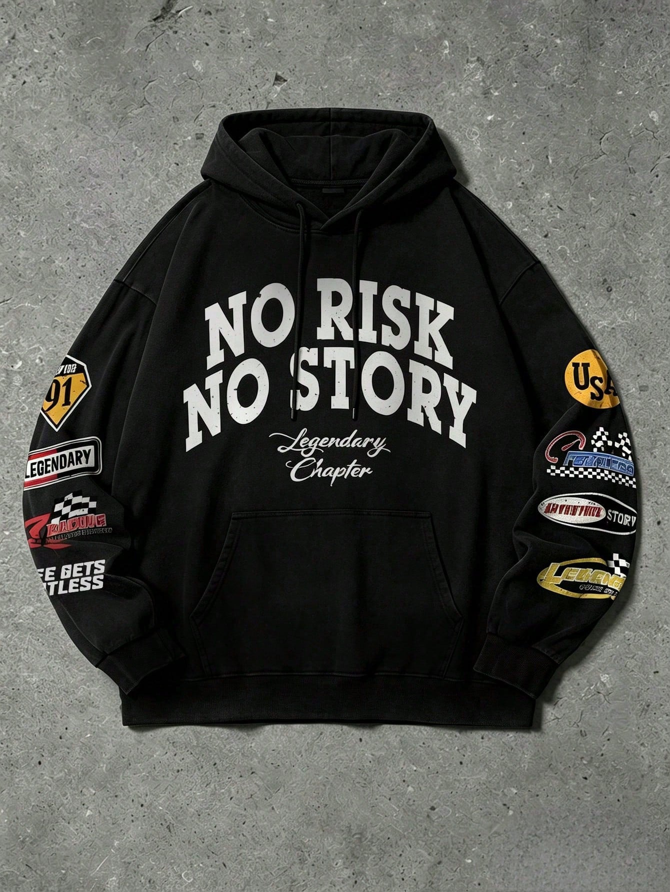 NO RISK NO STORY Graphic Print Black Hoodie