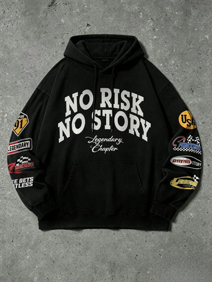 NO RISK NO STORY Graphic Print Black Hoodie