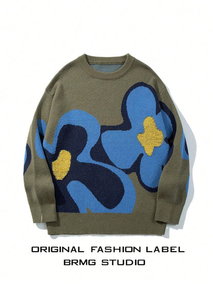 Unisex Casual Loose Retro Style Daisy Flower Pattern Mixed Color Dropped Shoulder Crew Neck Long Sleeve Pullover Knitted Sweater