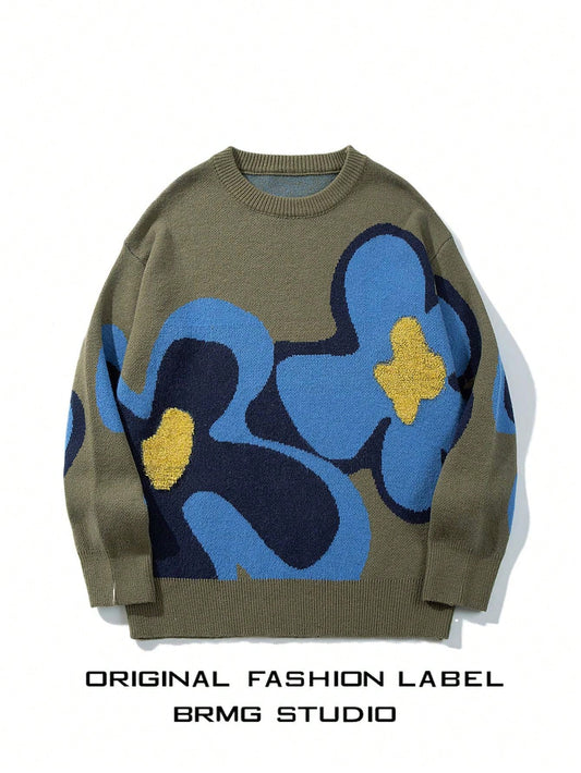 Unisex Casual Loose Retro Style Daisy Flower Pattern Mixed Color Dropped Shoulder Crew Neck Long Sleeve Pullover Knitted Sweater