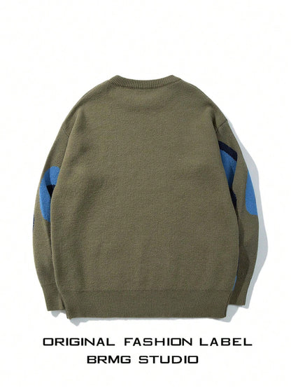 Unisex Casual Loose Retro Style Daisy Flower Pattern Mixed Color Dropped Shoulder Crew Neck Long Sleeve Pullover Knitted Sweater