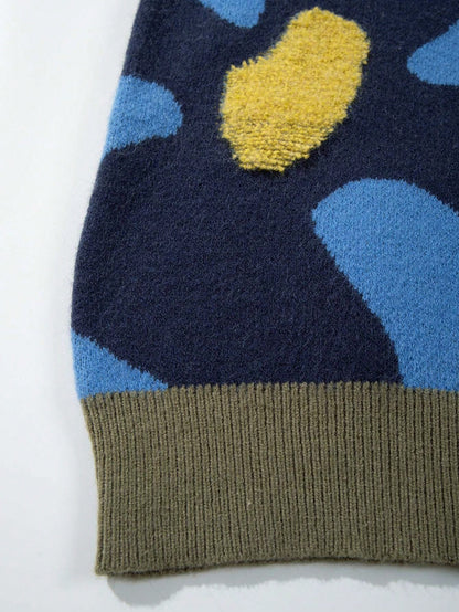 Unisex Casual Loose Retro Style Daisy Flower Pattern Mixed Color Dropped Shoulder Crew Neck Long Sleeve Pullover Knitted Sweater