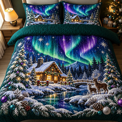 Northern Lights Christmas Bedding Set Winter Cabin Quilt Cover