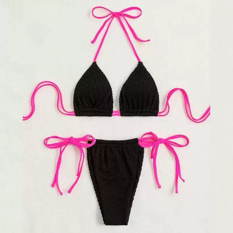 Ribbed Triangle Bikini with Pink Contrasting Strings
