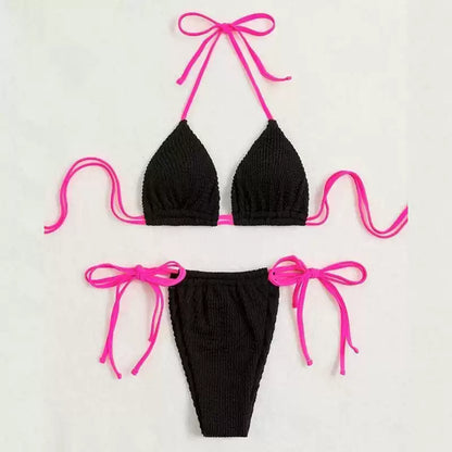 Ribbed Triangle Bikini with Pink Contrasting Strings