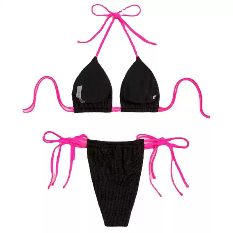 Ribbed Triangle Bikini with Pink Contrasting Strings
