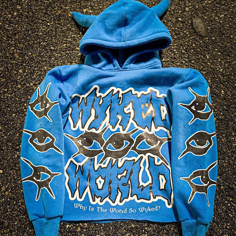 Y2K Chic Street Print Devil Horn Hoodie