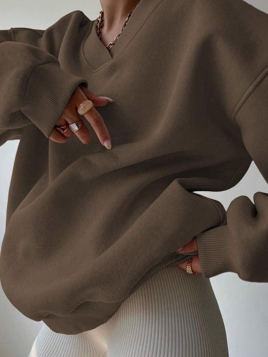 Solid Oversized V Neck Sweatshirt