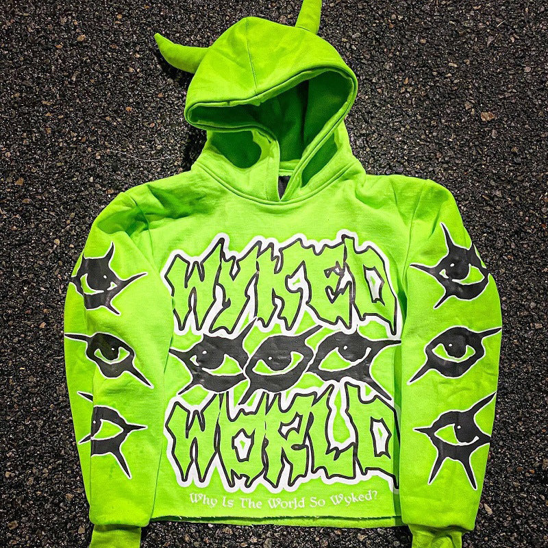 Y2K Chic Street Print Devil Horn Hoodie