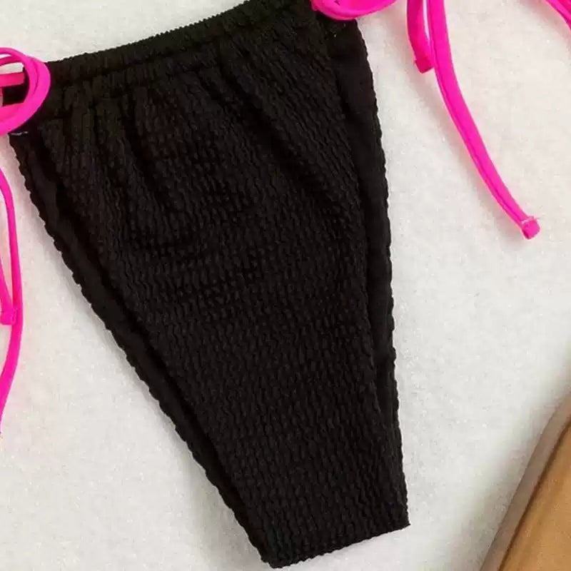 Ribbed Triangle Bikini with Pink Contrasting Strings