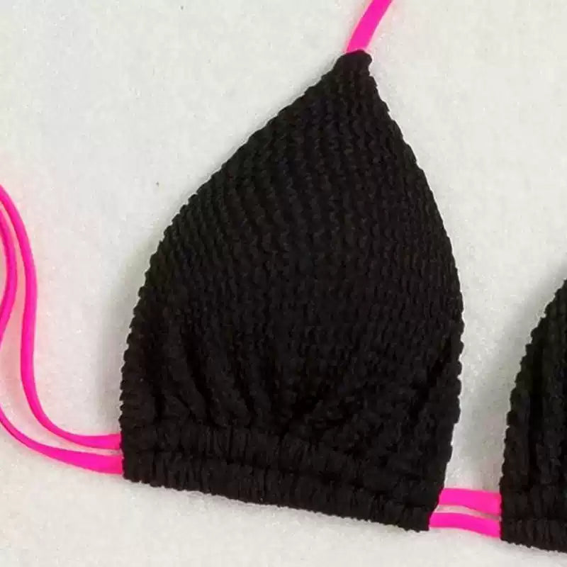 Ribbed Triangle Bikini with Pink Contrasting Strings